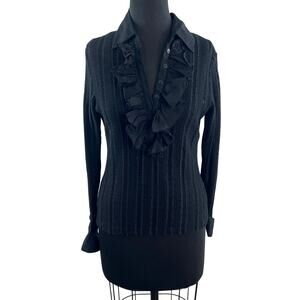 Anne Fontaine Amelie Black Top Ruffle Sheer Collar Ribbon Knit Long Sleeve Sz 42